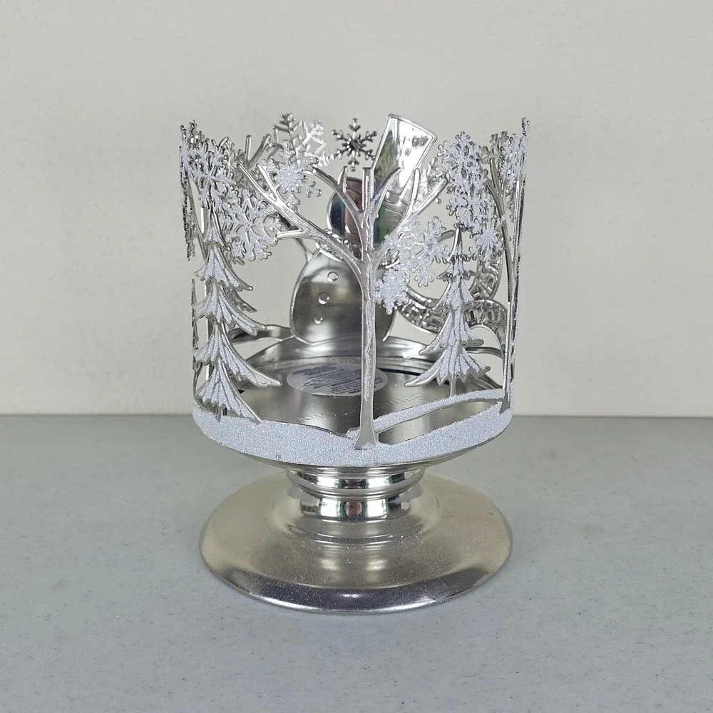 Bath & Body Works Glitter Snowman‎ Trees Silver Pedestal 3 Wick Candle Holder